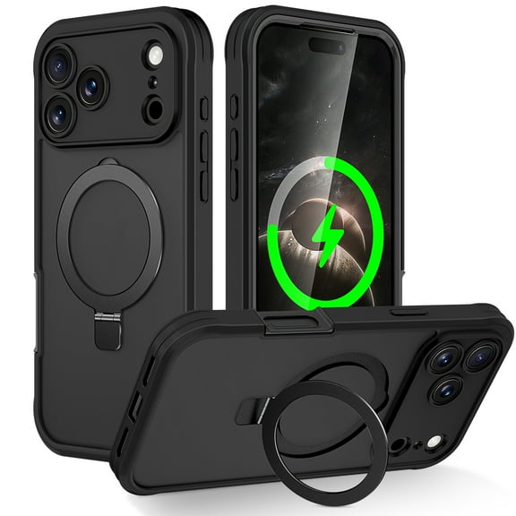 Magnetic Stand for iPhone 17 Pro Max Case,[Compatible with Magsafe][Built-in 9H Tempered Glass Screen Protector] Full-Body Shockproof Military-Grade Protective Case,for iPhone 17 Pro Max,Black