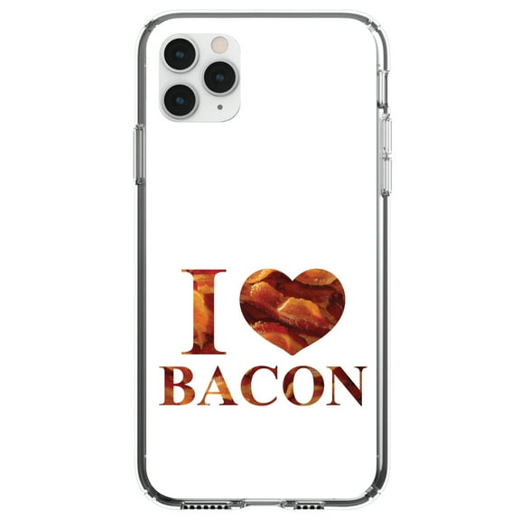 DistinctInk Clear Shockproof Hybrid Case for iPhone 13 Pro MAX (6.7" Screen) - TPU Bumper, Acrylic Back, Tempered Glass Screen Protector - White Bacon Writing I Heart Bacon - Show Your Love of Bacon