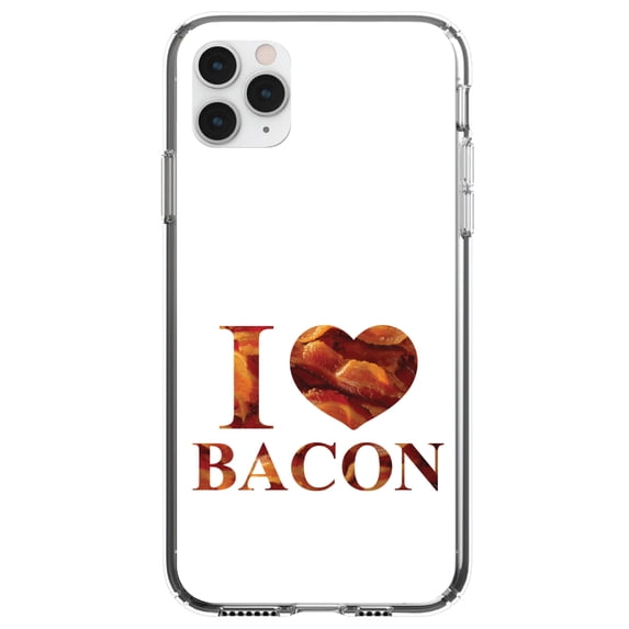DistinctInk Clear Shockproof Hybrid Case for iPhone 13 (6.1" Screen) - TPU Bumper, Acrylic Back, Tempered Glass Screen Protector - White Bacon Writing I Heart Bacon - Show Your Love of Bacon
