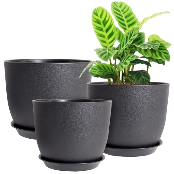 12/10/9 Large Modern Plant Pots, Plastic Planters with Drainage Holes and Saucers for Indoor Outdoor Plants Flowers, Grey Speckles