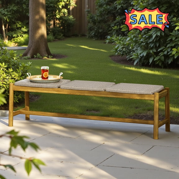 Tcbosik Wooden Outdoor Bench, 3-Seater Backless Garden Bench with Rattan Seat, 61.5 Inch Patio Bench for Entryway, Porch, Lawn, Backyard, Grey & Teak