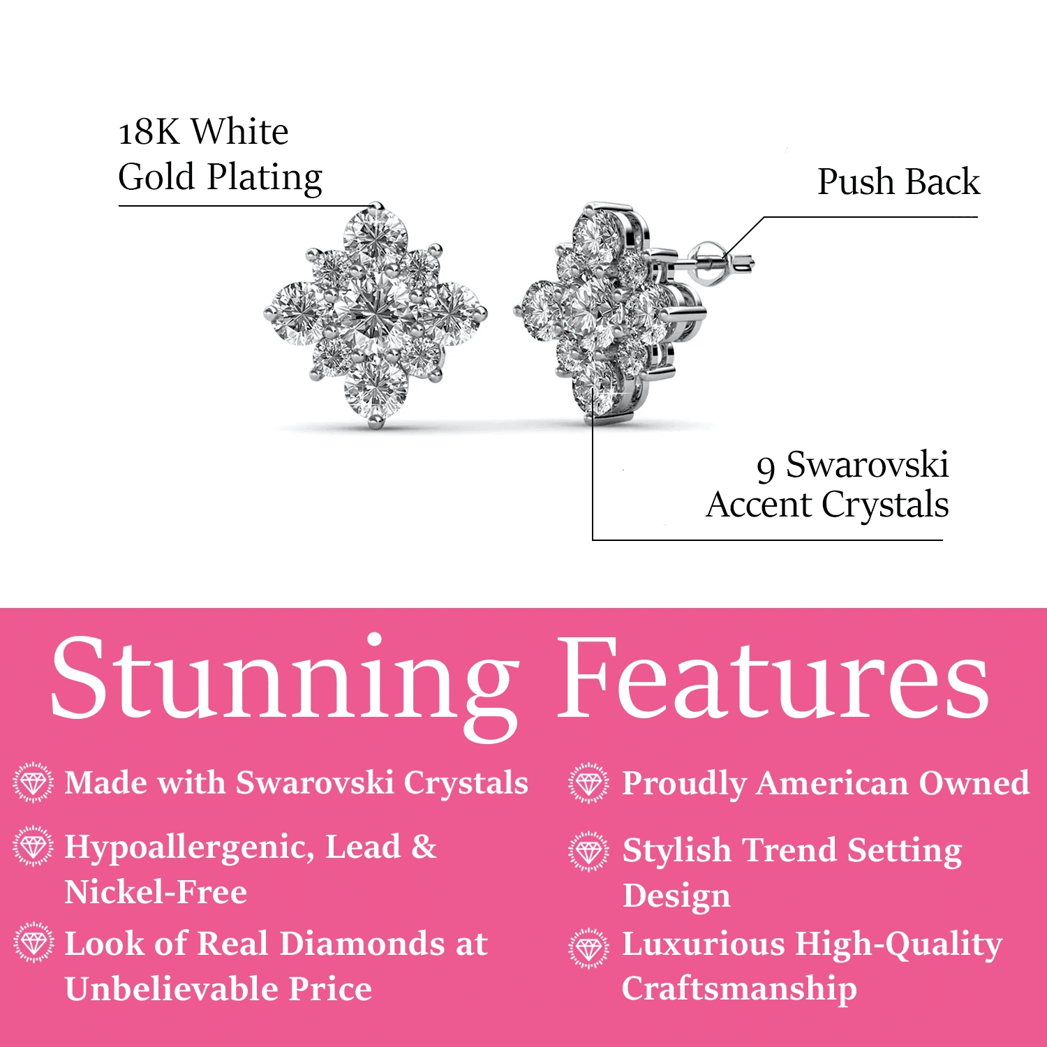 Cate & Chloe Macie 18k White Gold Plated Stud Earrings with Swarovski Crystals Gift for Women