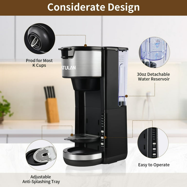 Single Serve Coffee Maker K Cup & Ground Coffee, One Cup Coffee Maker Brews 6-14 oz in 2 Mins, Pod Coffee Maker Fits Travel Mugs, with 30 oz Removable