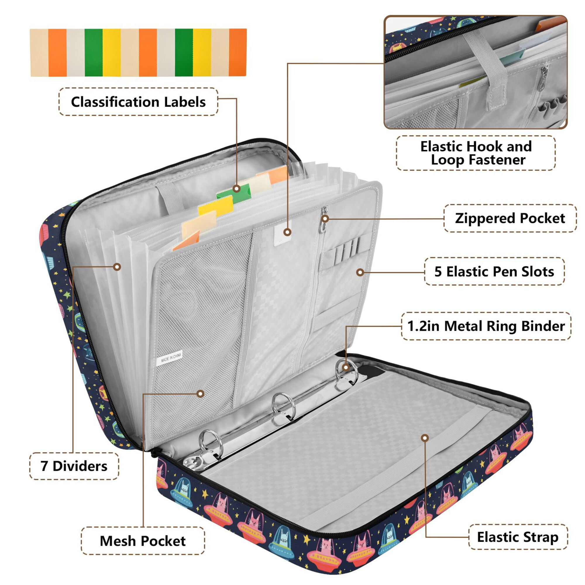 FORMRS Accordion File Folder A4 Size 7-Pocket Expanding Document Organizer Bag with 3 Ring Binder, Cartoon Space Cat