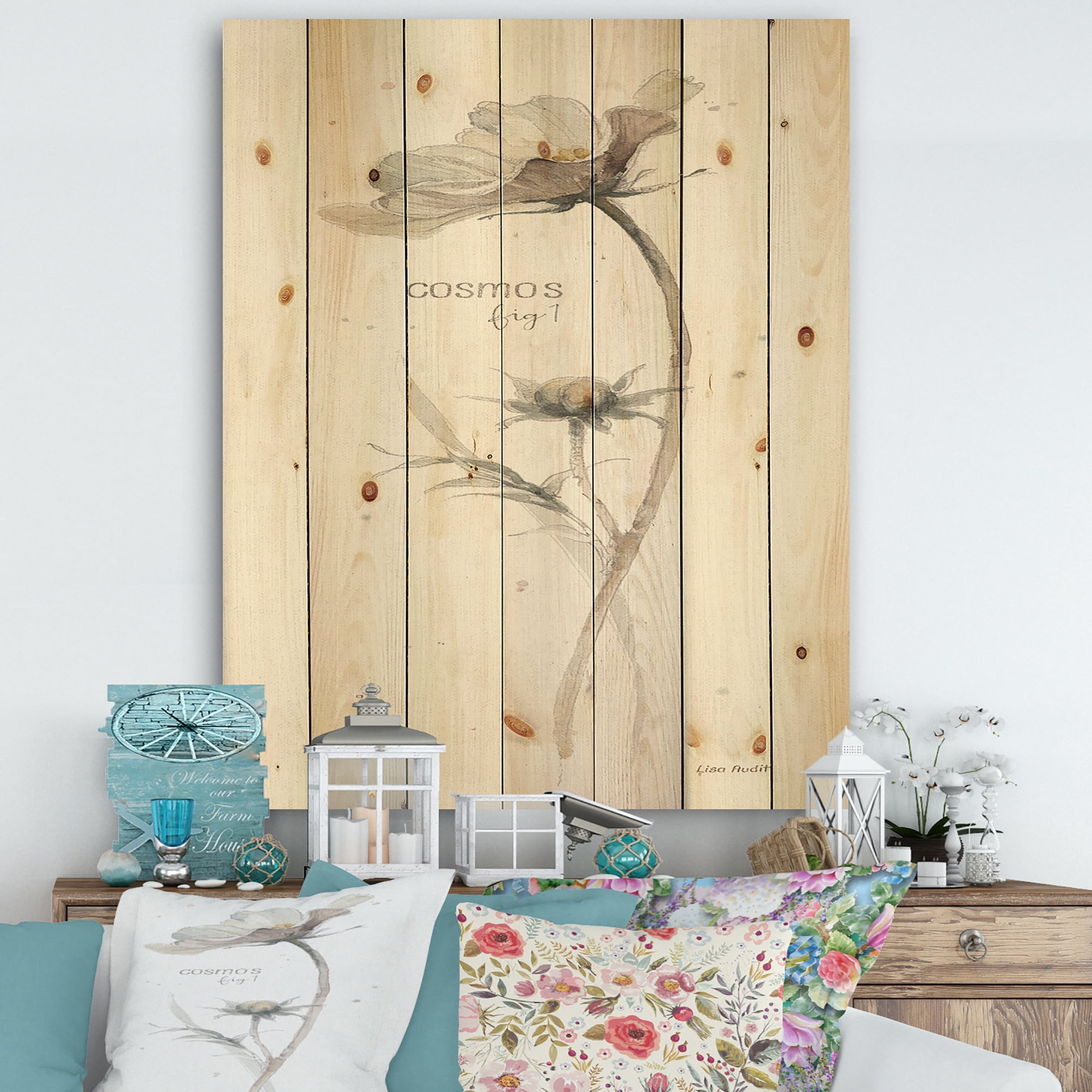 Designart 'Cosmos Flower On White' Traditional Print on Natural Pine Wood
