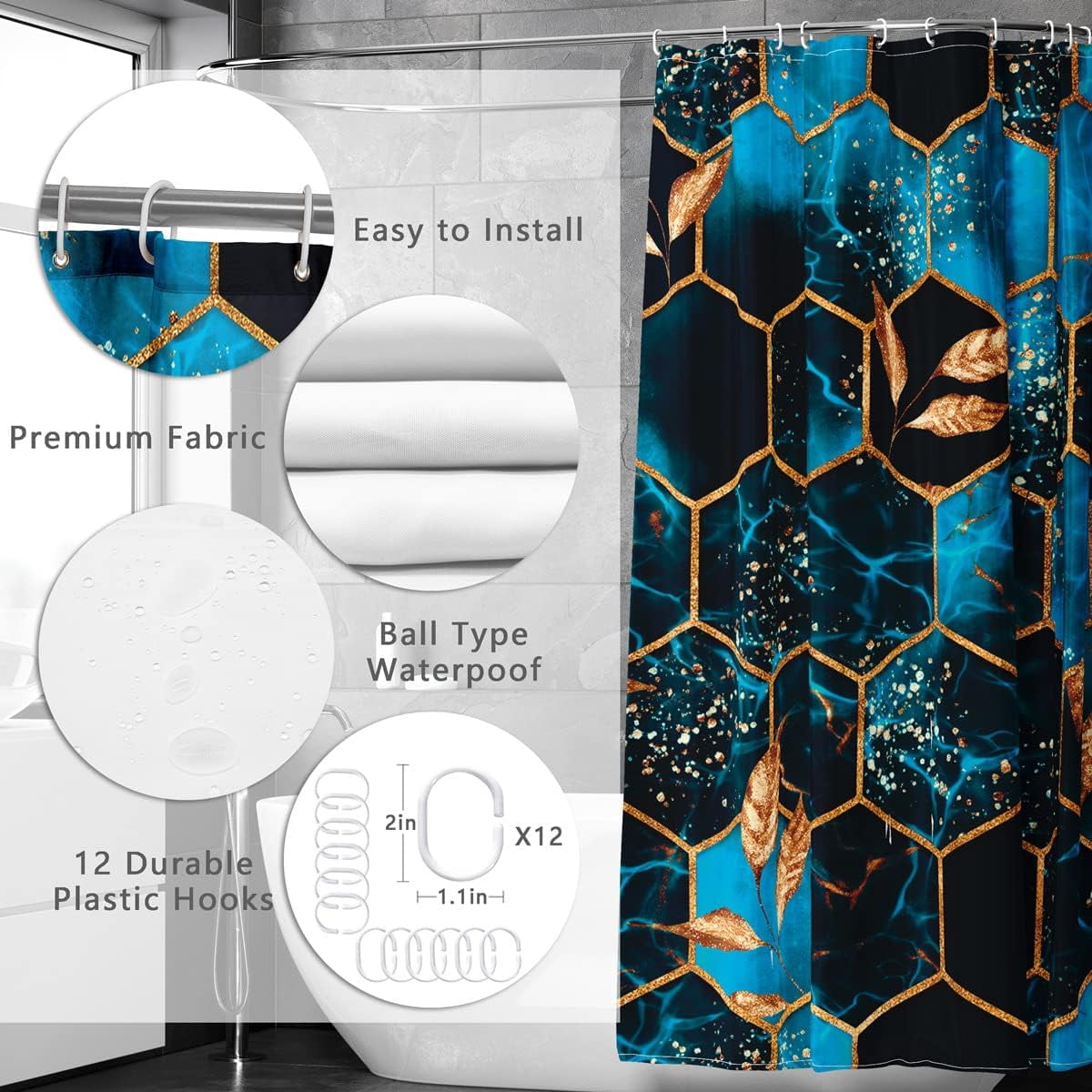 4 Pcs Bathroom Shower Curtain Set,Bathroom Sets with Rugs(Bath Mat,U Shape and Toilet Lid Cover Mat) and 12 Hooks,Sky Blue Honeycomb Marble