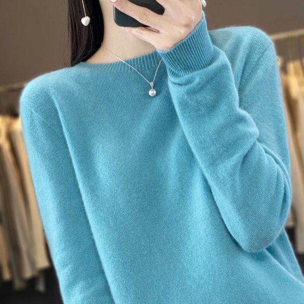 Suéter de punto de lana pura para mujer, fino, de cuello redondo, manga larga, holgado, camisa de base de lana