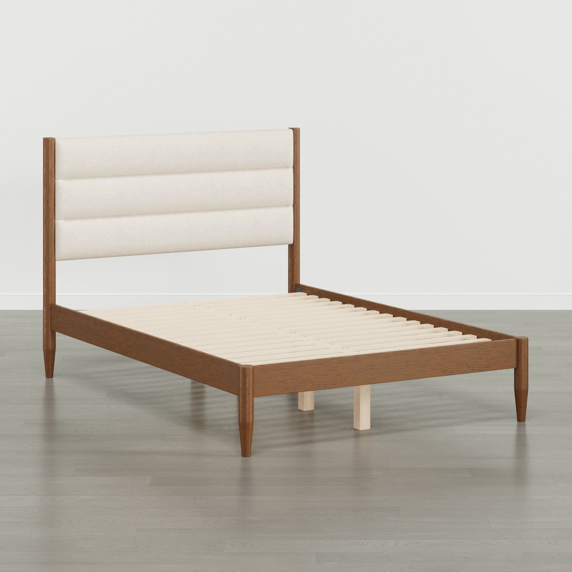 Spruce & Spring Farmhouse Full Upholstered Bed Frame, Solid Rubberwood Frame, Cream Boucle Headboard, Noise-Free, No Box Spring Required, Walnut & Cream