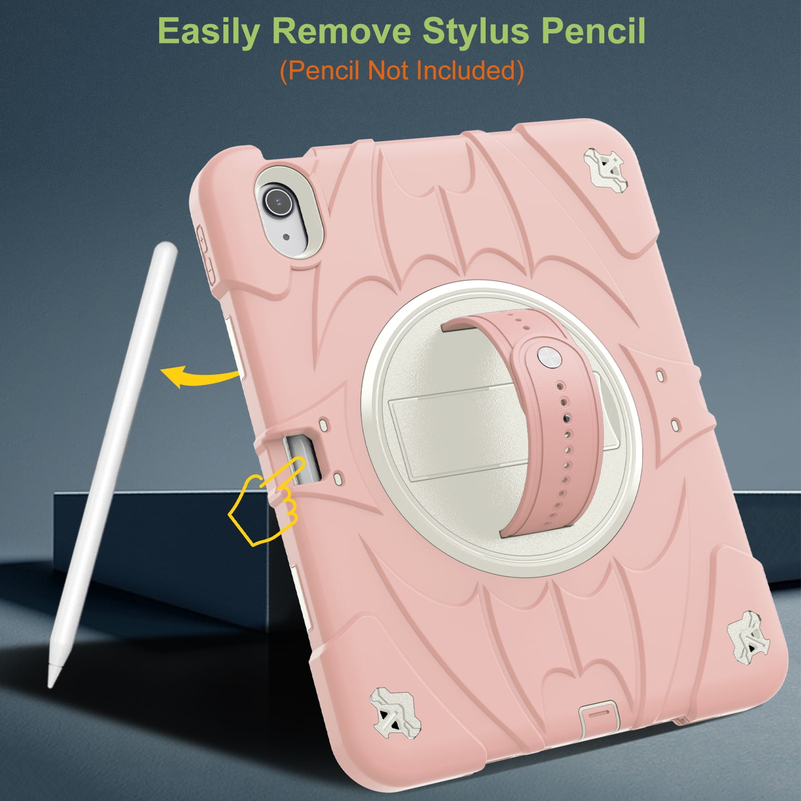 ELEHOLD Case for Apple iPad Air 11 (2024), Heavy Duty Shockproof Case with Pencil Holder/Stand/Hand Strap/Shoulder Belt, Rugged Protective Cover for Boys Girls,Pink