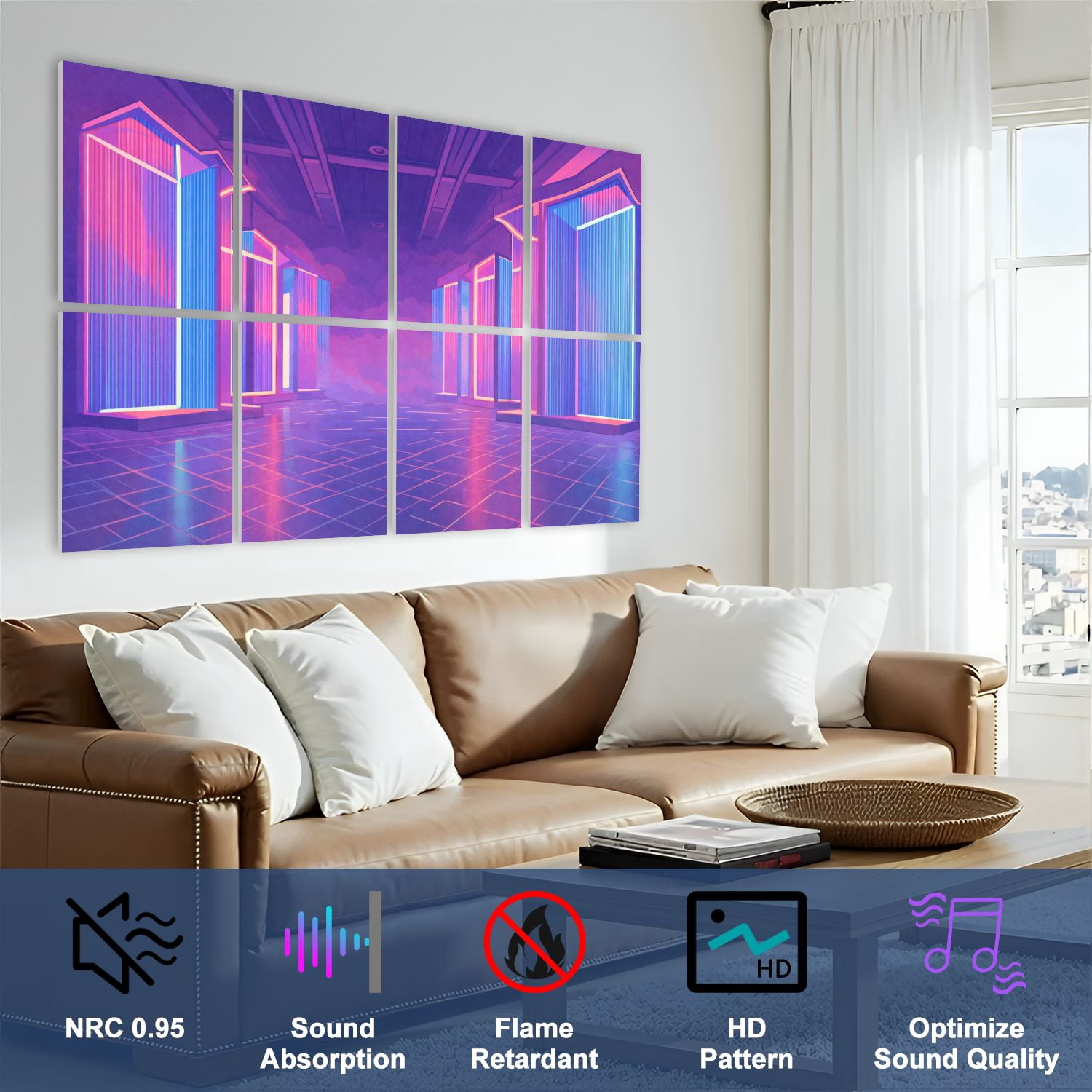 8 Pack Art Acoustic Panels Sound Absorbing render blue pink violet neon abstract light night club empty Decorative Soundproof Wall Panels Self Adhesive for Nursery Game Room Bedroom 48"x32"