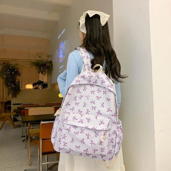 Bow Backpack,Back To School Backpack,Bow Backpack, Coquette Aesthetic Nylon Rucksack Cute Kawaii Back Pack with Bow Pattern (Purple)
