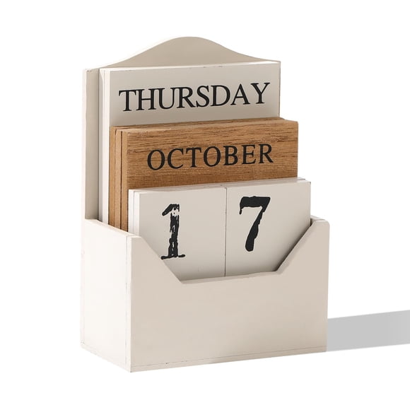 Calendario Perpetuo de Bloques de Madera Vintage Blanco Aovdy