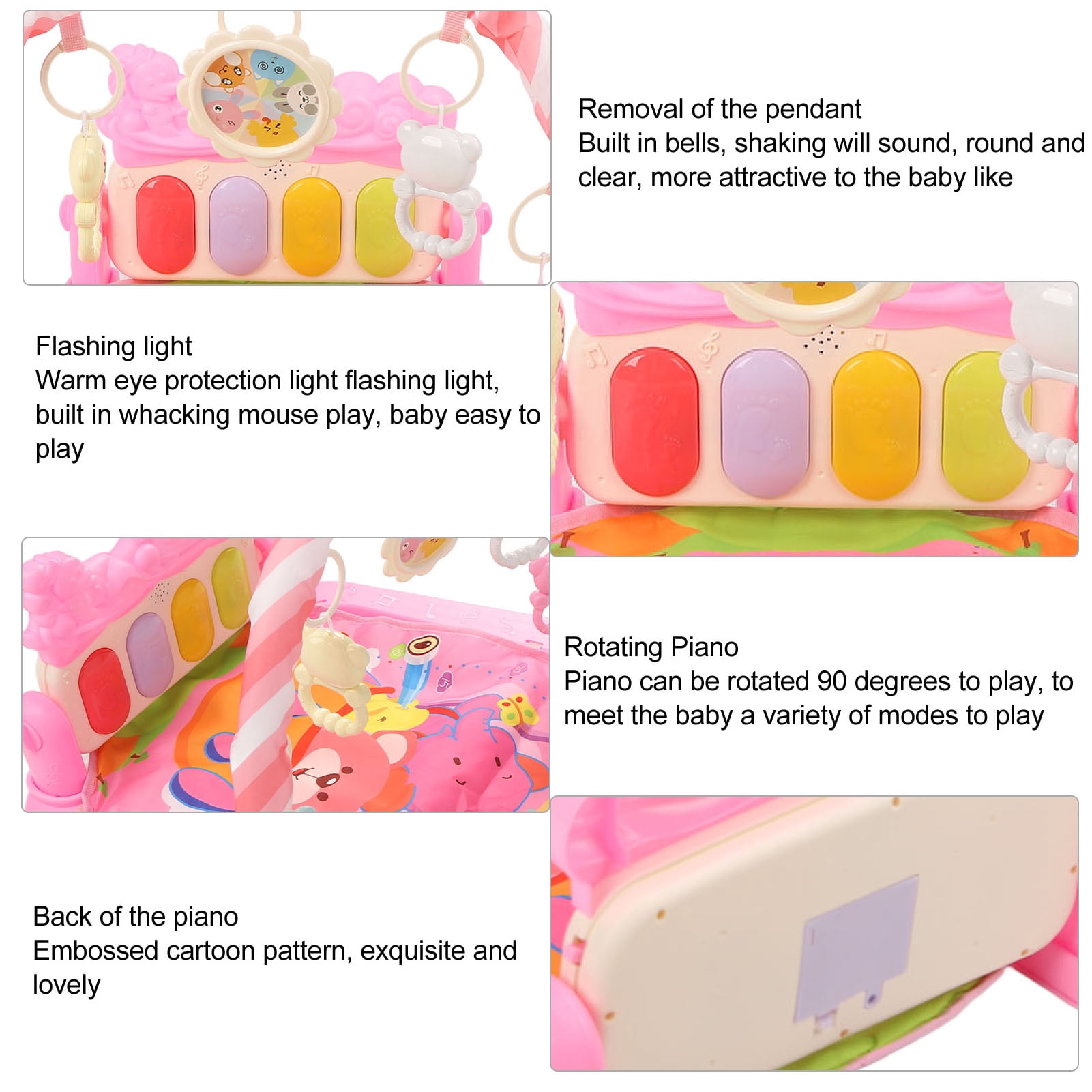 Riousery Toddler Infants Pink Cartoon Hot Air Balloon Animal Pattern Musical Light Gym Mat Baby Kick Piano Mat