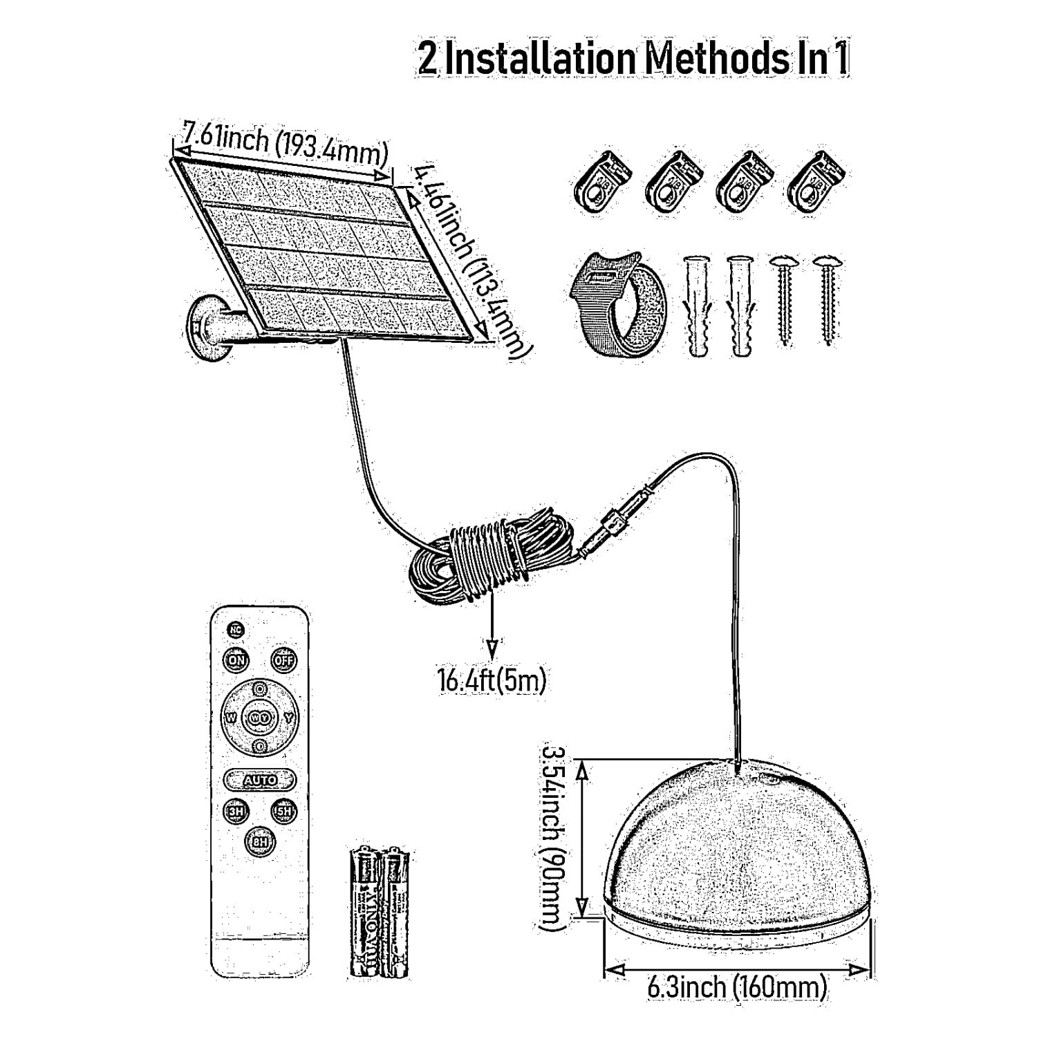 2 Pack Outdoor Indoor Solar Shed Light Dimmable Solar Pendant Light IP65 Waterproof with 16.4FT Cord Remote for Garden Courtyard Barn Balcony Corridor Gazeb