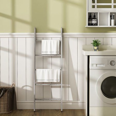 Kahomvis 4.5 Ft 5-Tier Wall Leaning Wood Blanket Quilt Storage Ladder Towel Rack  Bathroom Bedroom Decorative Shelf in White
