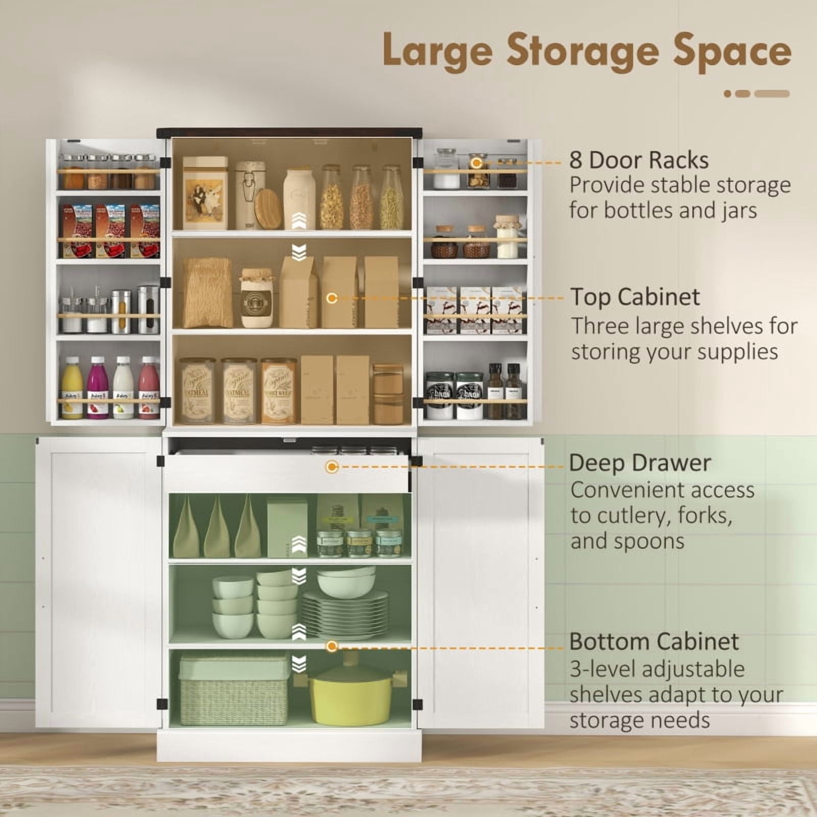 Alvantor Tall Kitchen Pantry Storage Cabinet with Door Racks & Adjustable Shelves 29.9" x 15.7" x 72" White