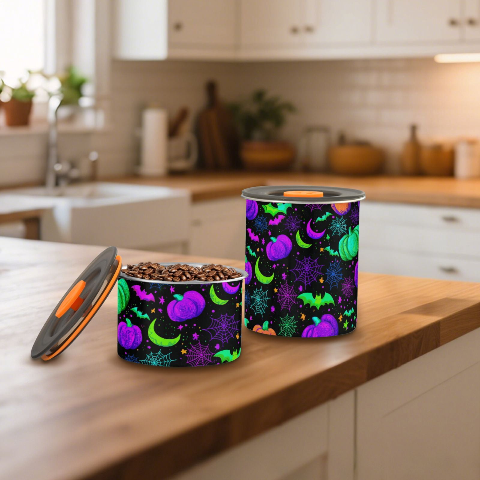 Pumpkin Spider Web Halloween Airtight Coffee Bean Canister 900 ml Food Storage Containers with Lids For Gournd, Tea, Sugar, Flour, Rice, Cereal, Candy Cookie Jar