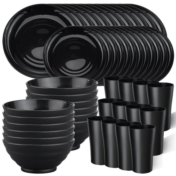 Bestdin 48 Pieces Dinnerware Sets,Wheat Straw Unbreakable Plate and Bowls Set for 12,Microwave Dishwasher Safe,Reusable Plastic Dinnerware,Black Set 24pcs Plates, 12pcs Bowls, 12pcs Cups