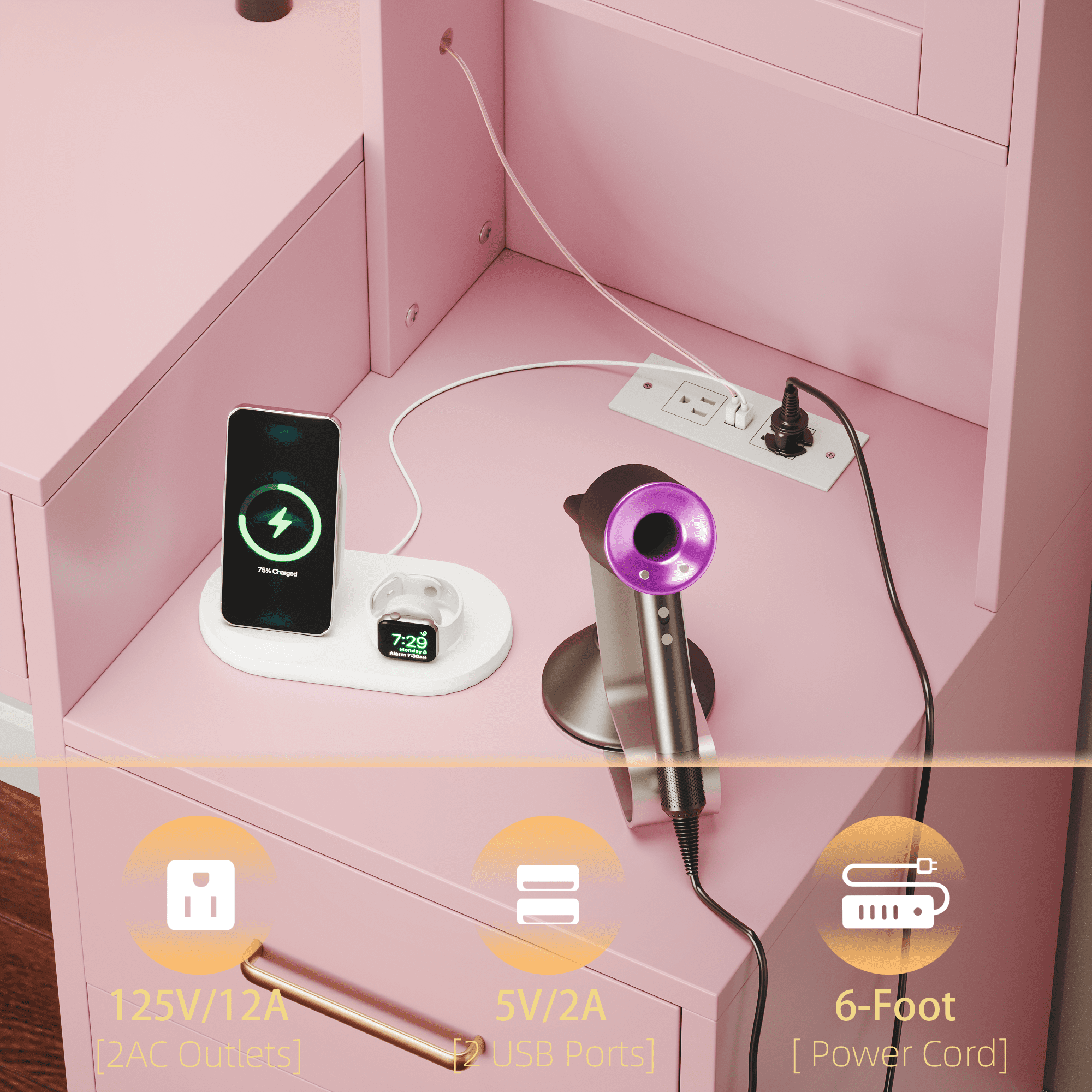 UGTOO Pink Vanity Desk with LED Lights – 8-Drawer Makeup Table, 2 Cabinets & Power Outlets (58.27"L x 15.75"W)