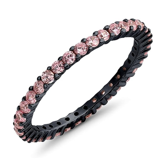 Round 2 mm Pink CZ Diamond Full Eternity Wedding Band Ring Stackable Ring 925 Silver Black Rhodium Gemstone Jewelry For Women Gift
