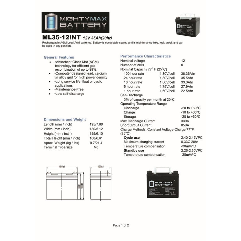 12V 35AH SLA Internal Thread Battery Replaces Firstpower