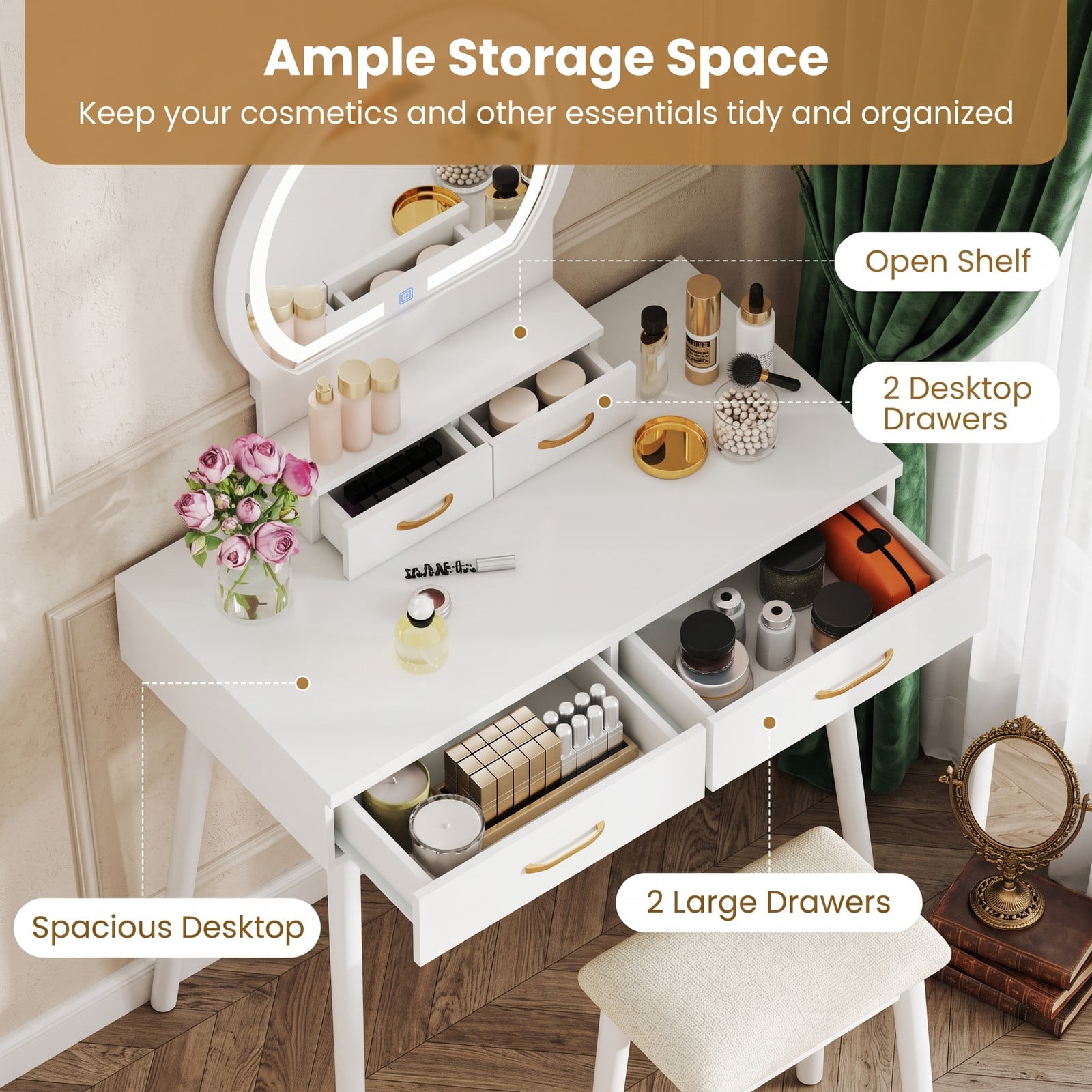 Furnibear Small Vanity Desk Set With LED Lighted Mirror and Cushioned Stool, Compact Makeup Dressing Table With 4 Drawers, White