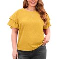 thumbnail image 1 of Camiseta de talla grande con cuello redondo y estampado de puntos informal y manga con volantes dobles para mujer Amarillo XL, 1 of 7