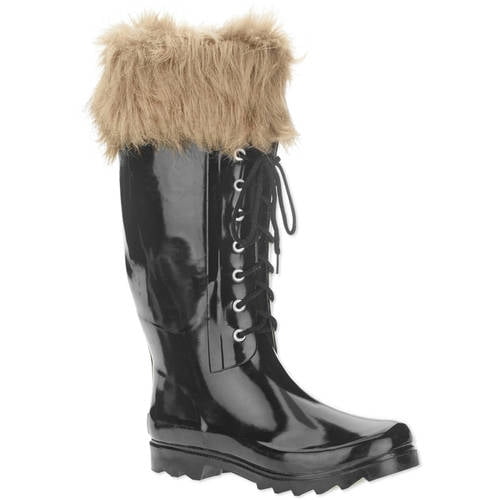 Forever Young Women's Faux Fur Trim Lace-up Tall Rain Boot - Walmart.com