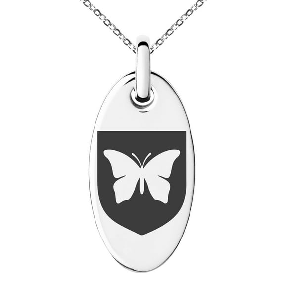 Stainless Steel Butterfly Free Spirit Coat of Arms Shield Engraved Small Oval Charm Pendant Necklace