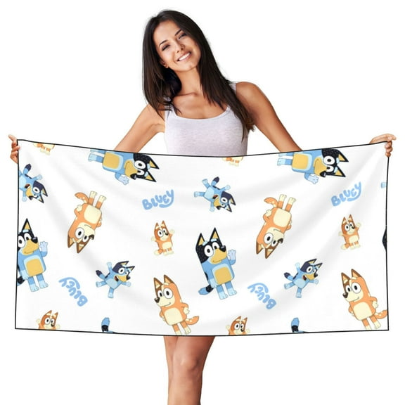 Masiiu Bluey Print Silver Fox Velvet Beach Towel, Soft Towel for Beach, Swimming, and Travel, 27.5x55in