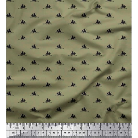 Soimoi Silk Fabric Waves,Fish & Yacht Shirting Print Fabric by Yard 42 Inch Wide