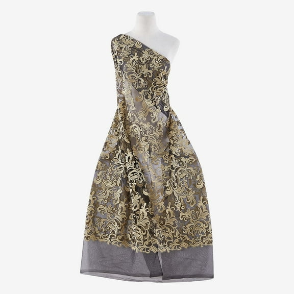 Zelouf Swirl Vine Metallic Embroidery Mesh  , Sewing, DIY, Crafts Fabric by the Yard, Black/gold, 3 Yard