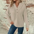 thumbnail image 2 of Sweatshirts for Women Plus Size Long Sleeve V Neck Button Up Drwastring Casual Loose Solid Color Raglan Hooded Pullover Tops,Beige,S, 2 of 5