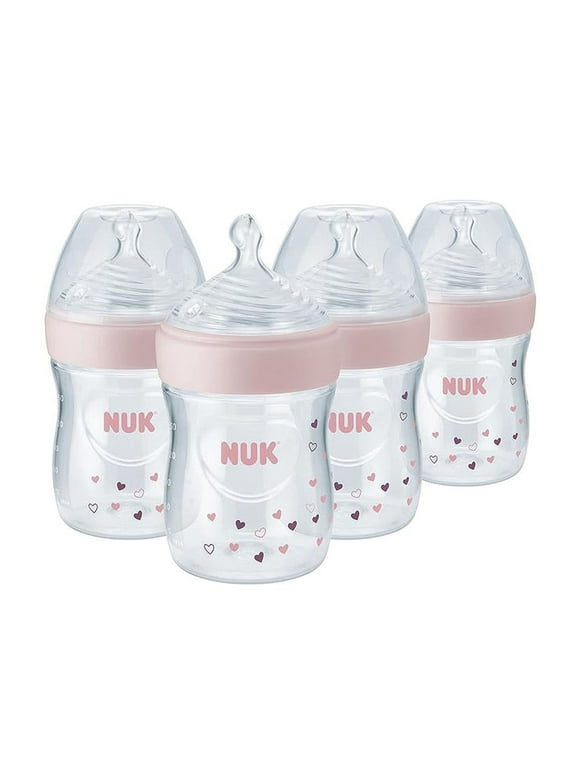 NUK Simply Natural Baby Bottle with SafeTemp, 5 oz, 4 Pack, Pink Hearts