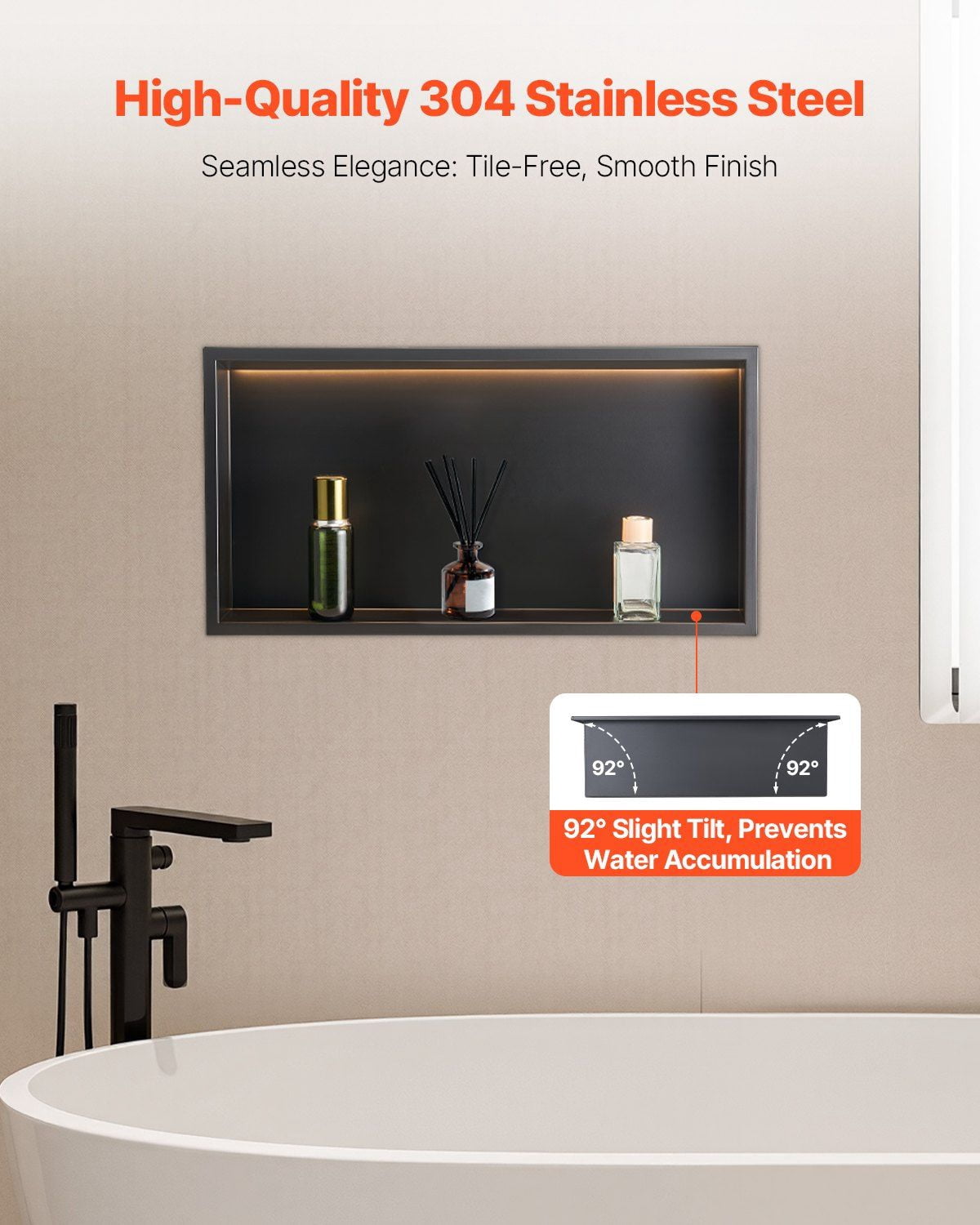 13x25x4 Inch Stainless Steel Shower Niche with LED Strip Waterproof Recessed Wall Organizer Black Bathroom Storage