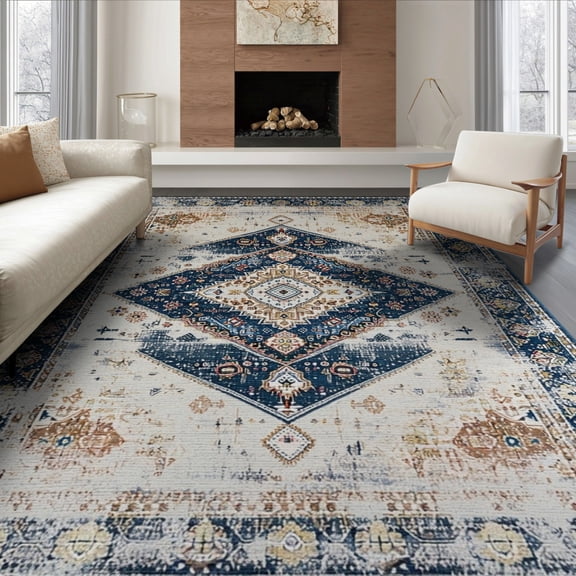 ODIKA 8'x10' Washable Area Rug Vintage Medallion Distressed Faded Center Diamond Accent Ornamental for Dining Room, Large Office, Lounge, Non-Slip Chair-Friendly Mat