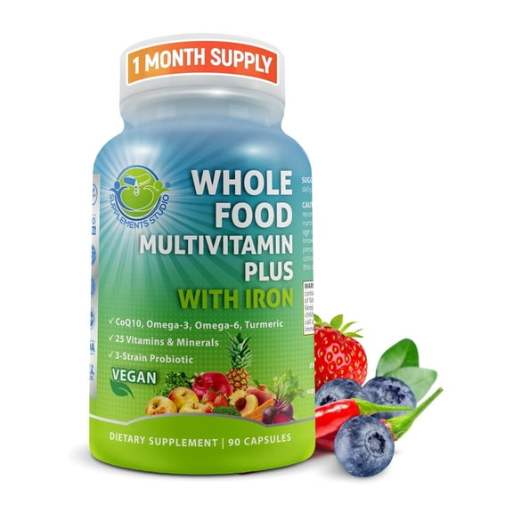Vegan Whole Food Multivitamin with Iron for Women & Men's Optimal Health, Supplements Studio, 90Ct