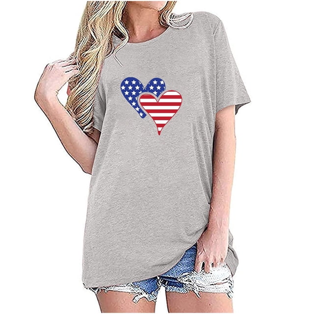 Camisetas de Manga Corta para las Mujeres Día de la Independencia Impresión Básica Camiseta de Verano, Cuello Redondo Casual Camiseta Blusa