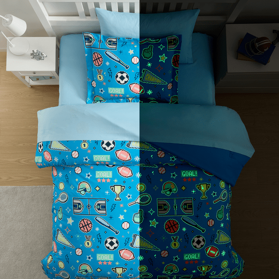 T/TXL Size Comforter Sets for Boys Girls,5 Pieces Glow in The Dark Kids T/TXL Size Bedding Sets with Sheets,Comforter,Fitted Sheet,Flat Sheet,Pillowcase and Pillow Sham,Digital Sports