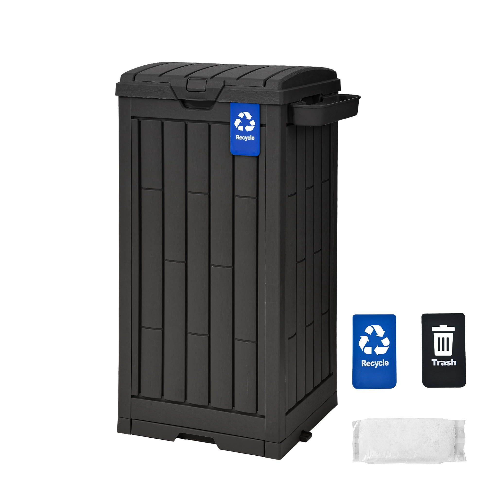 Uforic 38 Gallon Outdoor Trash Can Set of 2, Resin Garbage Bins with Lid, Sorting Labels, Ash Holder, Stakes & Suction Cups for Patio Backyard Garden, Black
