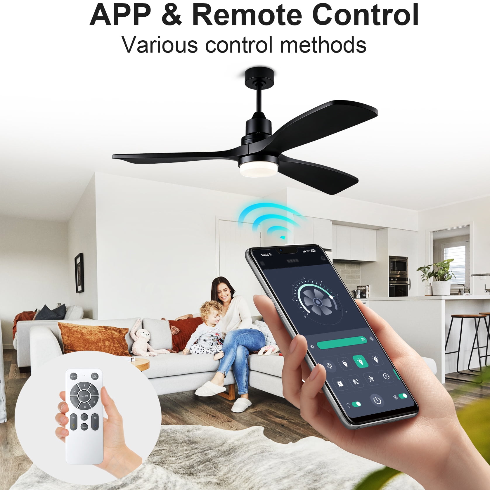 Mintazer 52 in Ceiling Fan with Lights and Remote, Modern Ceiling Fan with 6 Speed & 3 Blade for Farmhouse Bedroom Living Room Gazebo Patio, Black