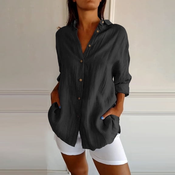 WTXUE Button Down Shirts Tunic Tops Breasted Pleated Lapel Shirt Independent Station Explosion Solid Color European And American Sleeve Top Shirts Trendy Loose Fitting Tops Women Blouses Black L