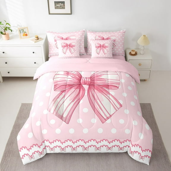 Erosebridal Pink Bowknot Bedding Sets Twin Size, Cartoon Ribbon Comforter Sets with Sheets, Modern Chic Bow Decor, Reversible 7pcs