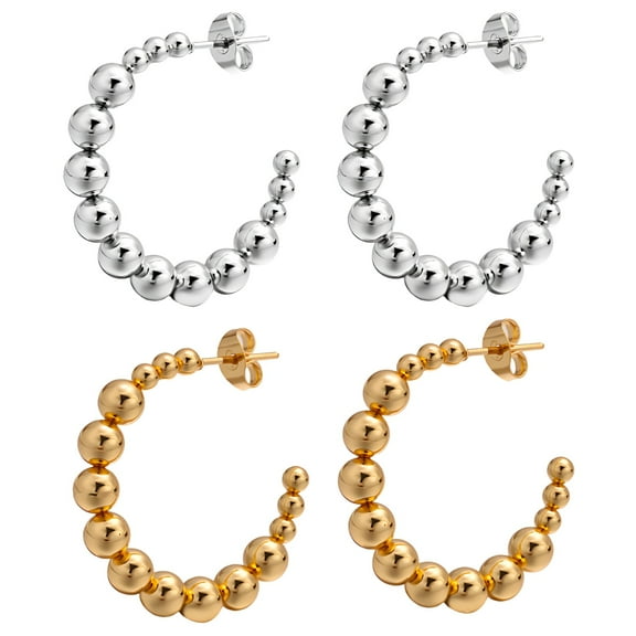 2 Pairs Large Sterling Silver Hoop Earrings for Women, Hypoallergenic Stainless Steel, 18K Gold Plating, Gold and Silver Bead Hoop Earrings