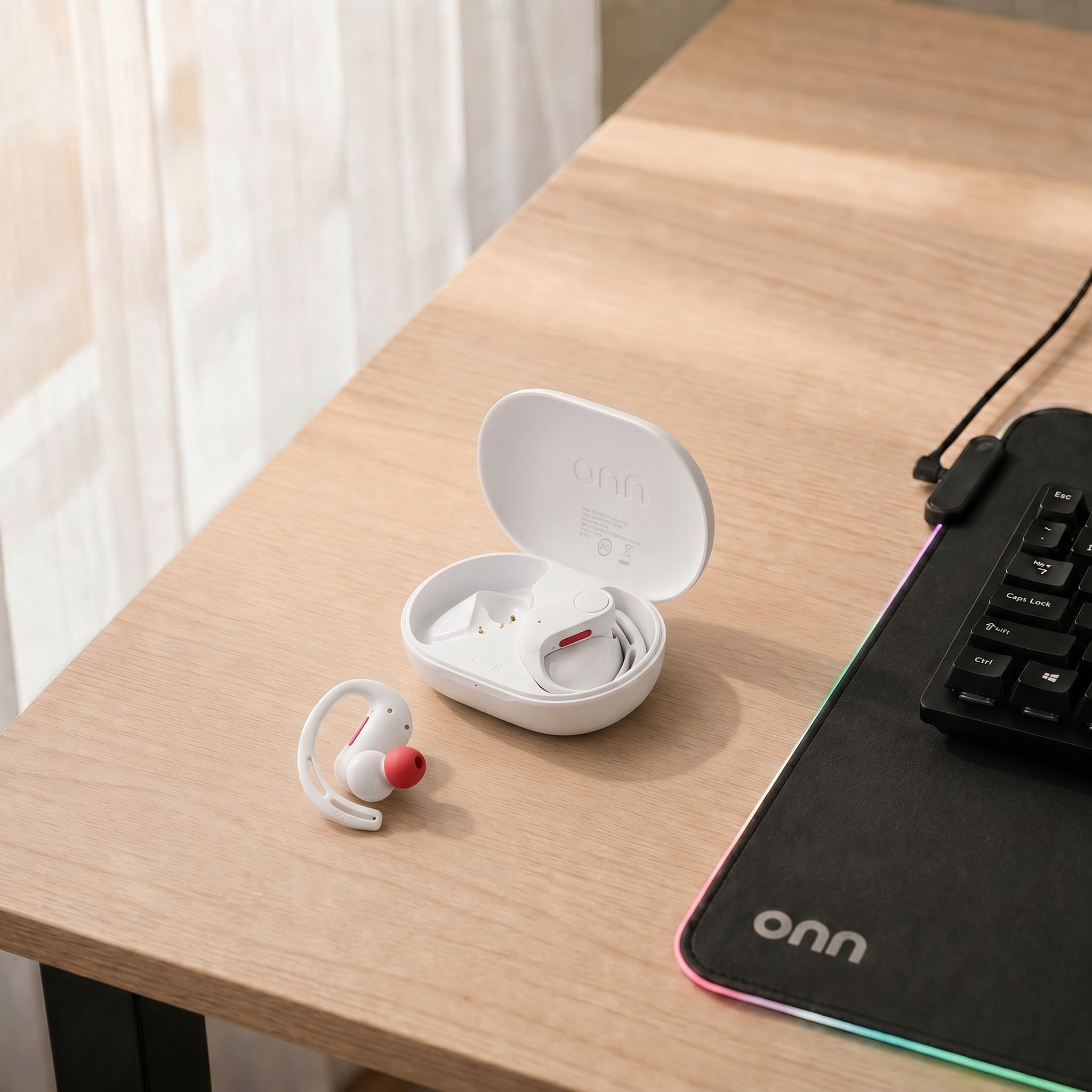 onn Wireless Sport Earbuds with Comfort Grip Ear Hooks, White