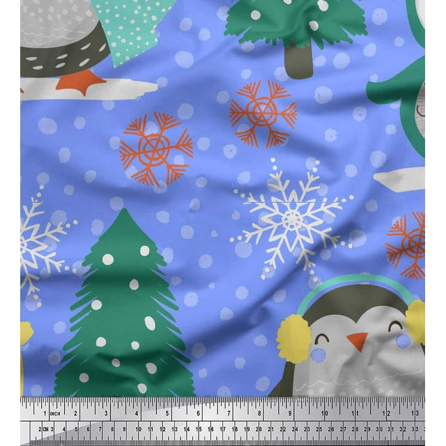 Soimoi Blue Rayon Crepe Fabric Christmas Tree & Penguin Cartoon Printed Fabric 1 Yard 46 Inch Wide