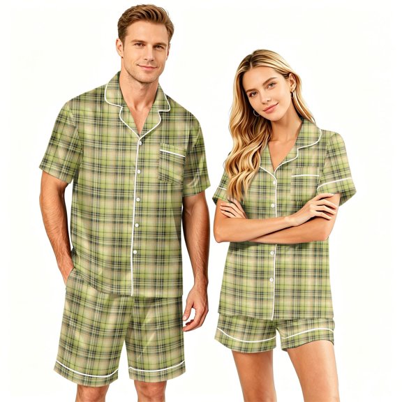 Dwelliawo Plaid Pajama Sets for Men with Pockets Lightweight 2 Piece Pajamas Mens Casual Short Sleeve Button-Down Shirts and Shorts Loungewear Outfits Green M