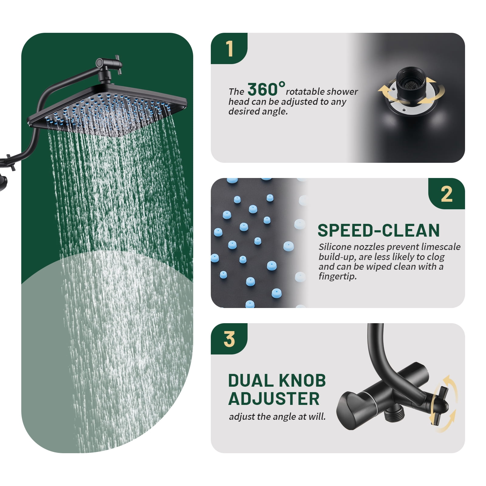 Cobbe 12 Inch Rain Shower Head Combo, High Pressure Handheld Shower Head with Filter, Arm Height Adjustable, 9 Spray Filtered Shower Head, Matte Black
