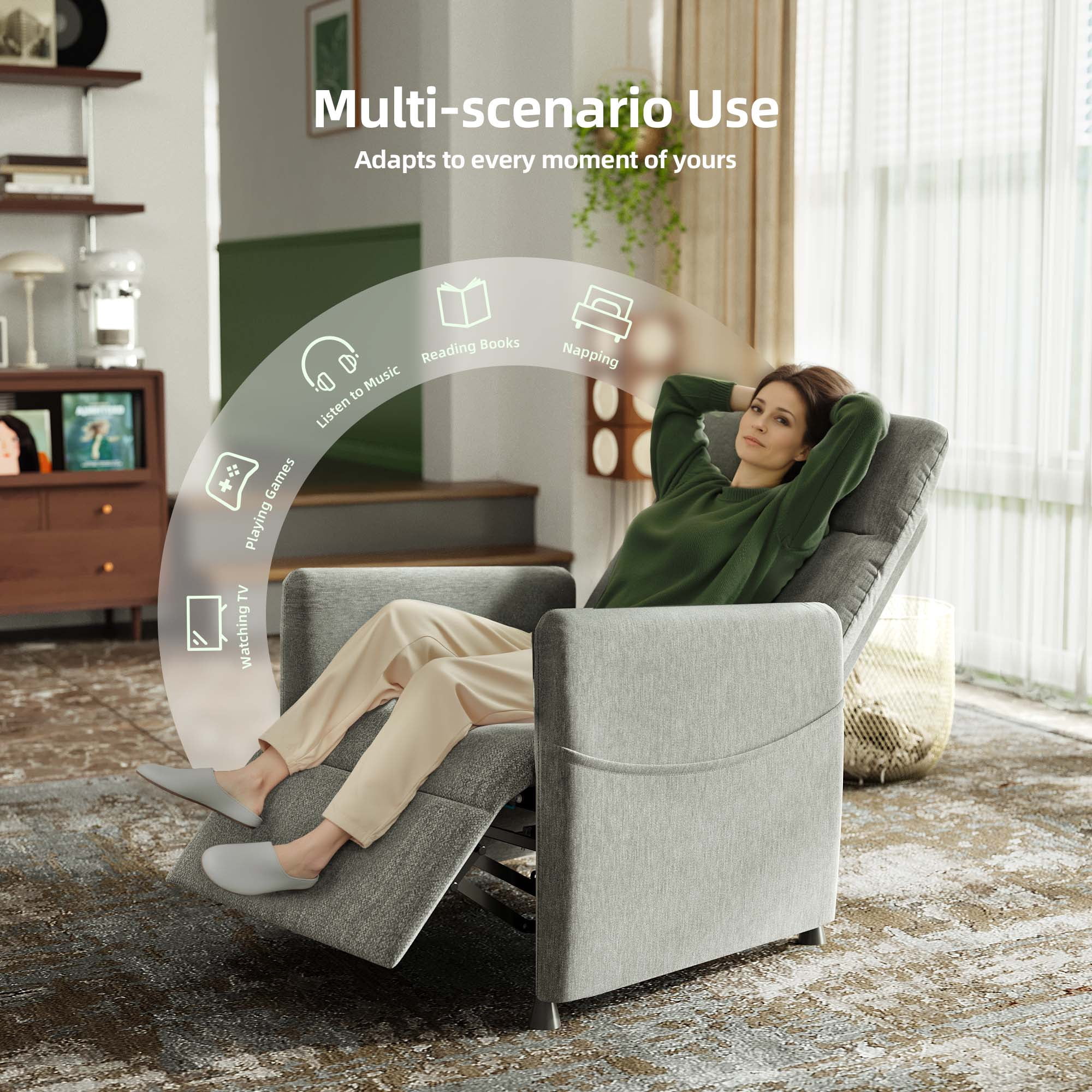 Miniyam Power Recliner Chair for Adults - Modern Fabric Electric Recliner Footrest, Padded Seat - Space-Saving Design for Living Room, Home Theater - Light Grey