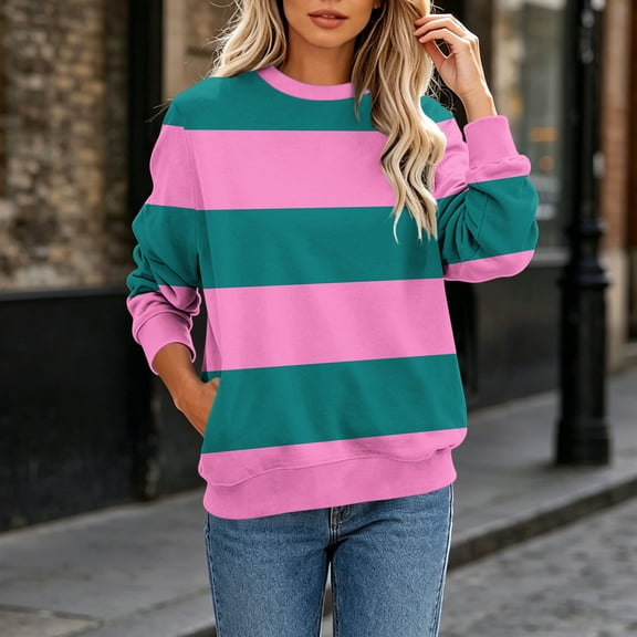 Trikvn Women's Wide Striped Pullover Sweatshirts Crewneck Long Sleeve Tops Fall Casual Basic Shirts with Pockets Loose Fit Comfy Y2K Loungewear Activewear Blouses